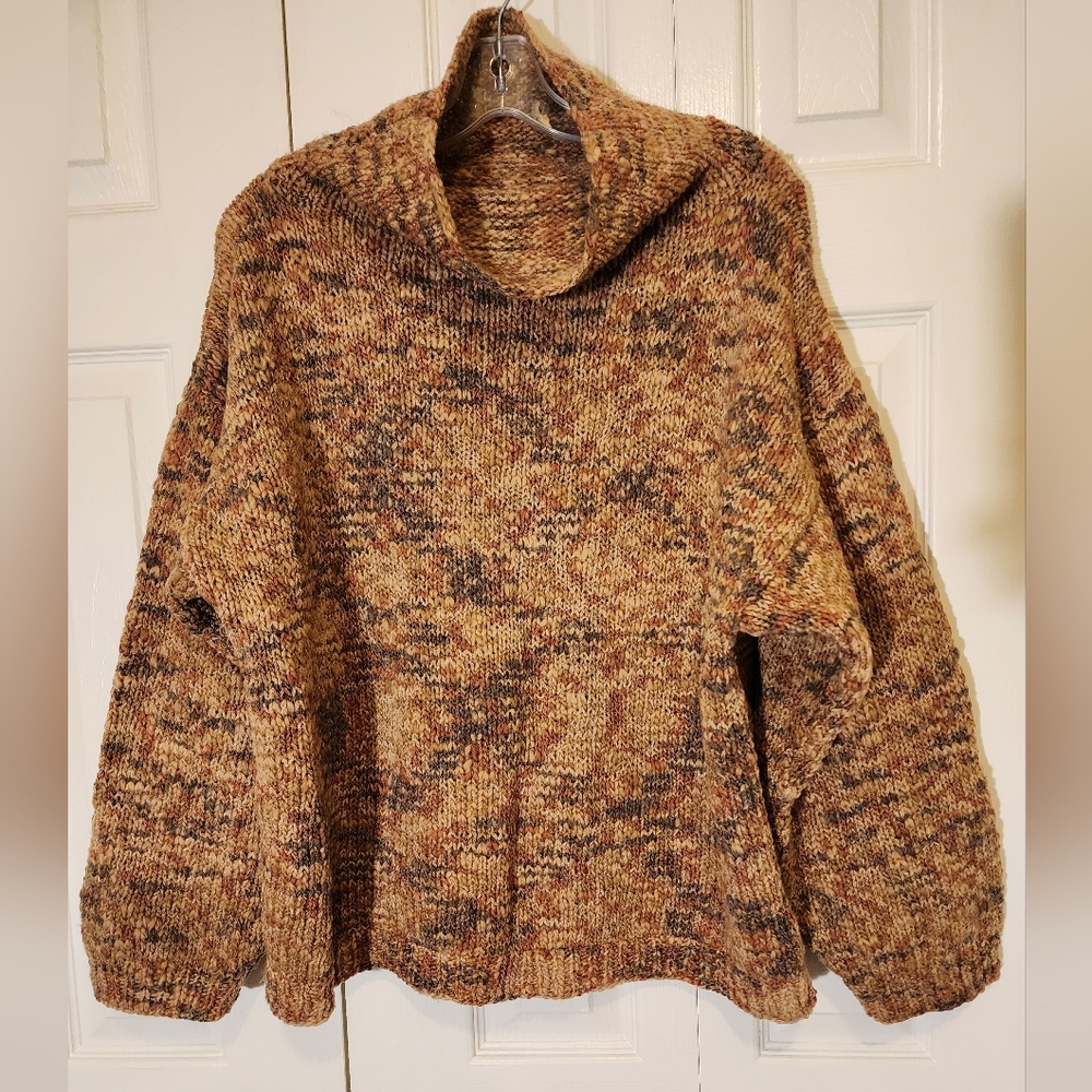 Oversized Marled Cowl Neck Chunky Knit Sweater Brown Cozy Cottagecore L-xl - Picture 3 of 6